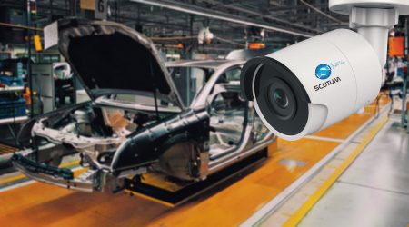 Scutum CCTV camera looking over car production line with unfinished cars in a row